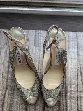 Jimmy Choo Metallic Gold Glitter Peep-Toe Slingback Heels In Size 6.5
